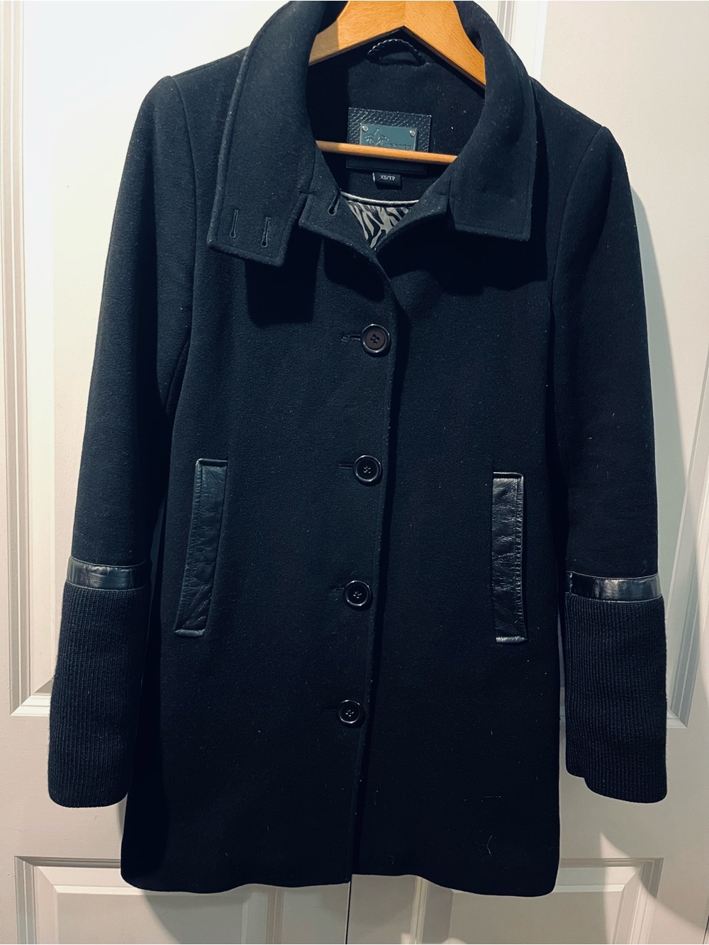 Mackage Wool Pea Coat with Leather-Trim Pockets and Statement Knit Sleeves